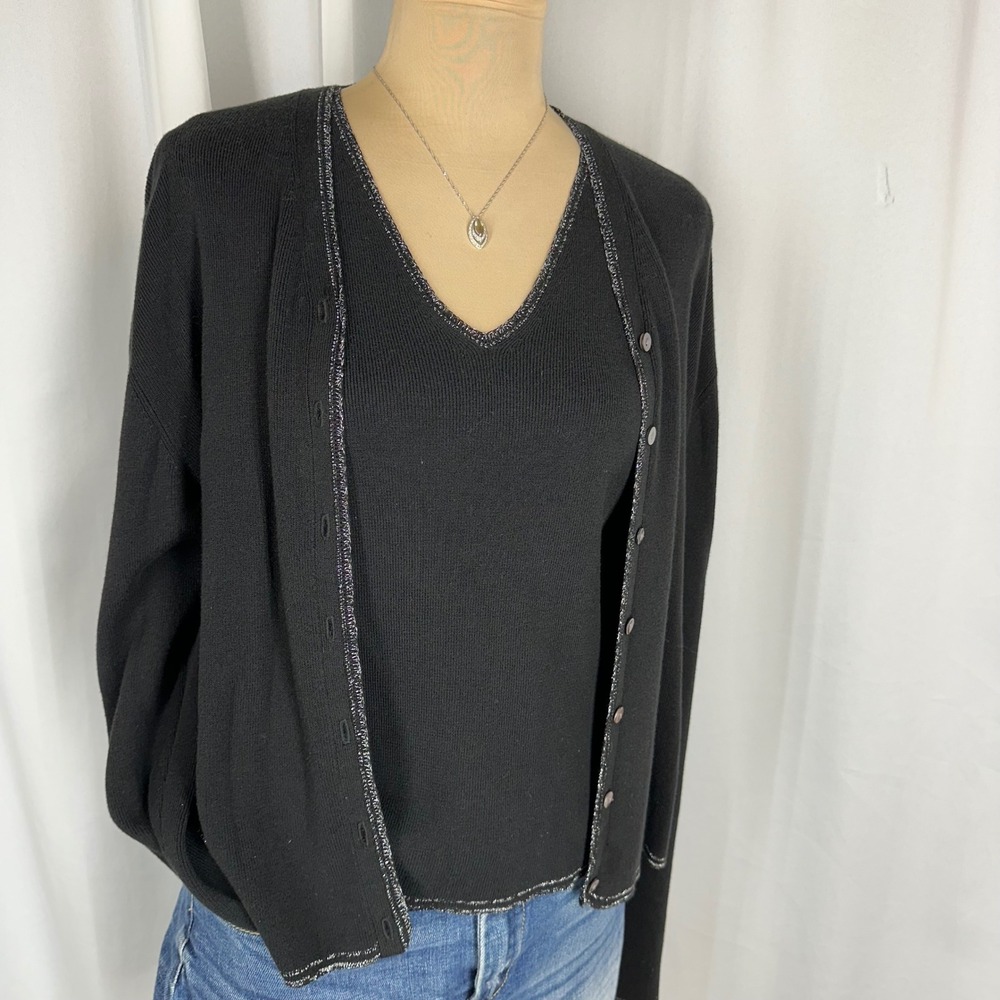 Vtg American Knitworks Black Twinset Cardigan Shell Set XL/L Metallic Trim READ